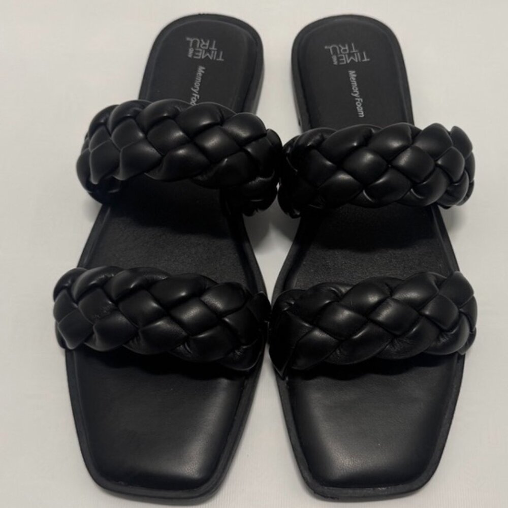 Time and Tru Braided Memory Foam Slide Black Woven Sandal 9.5
